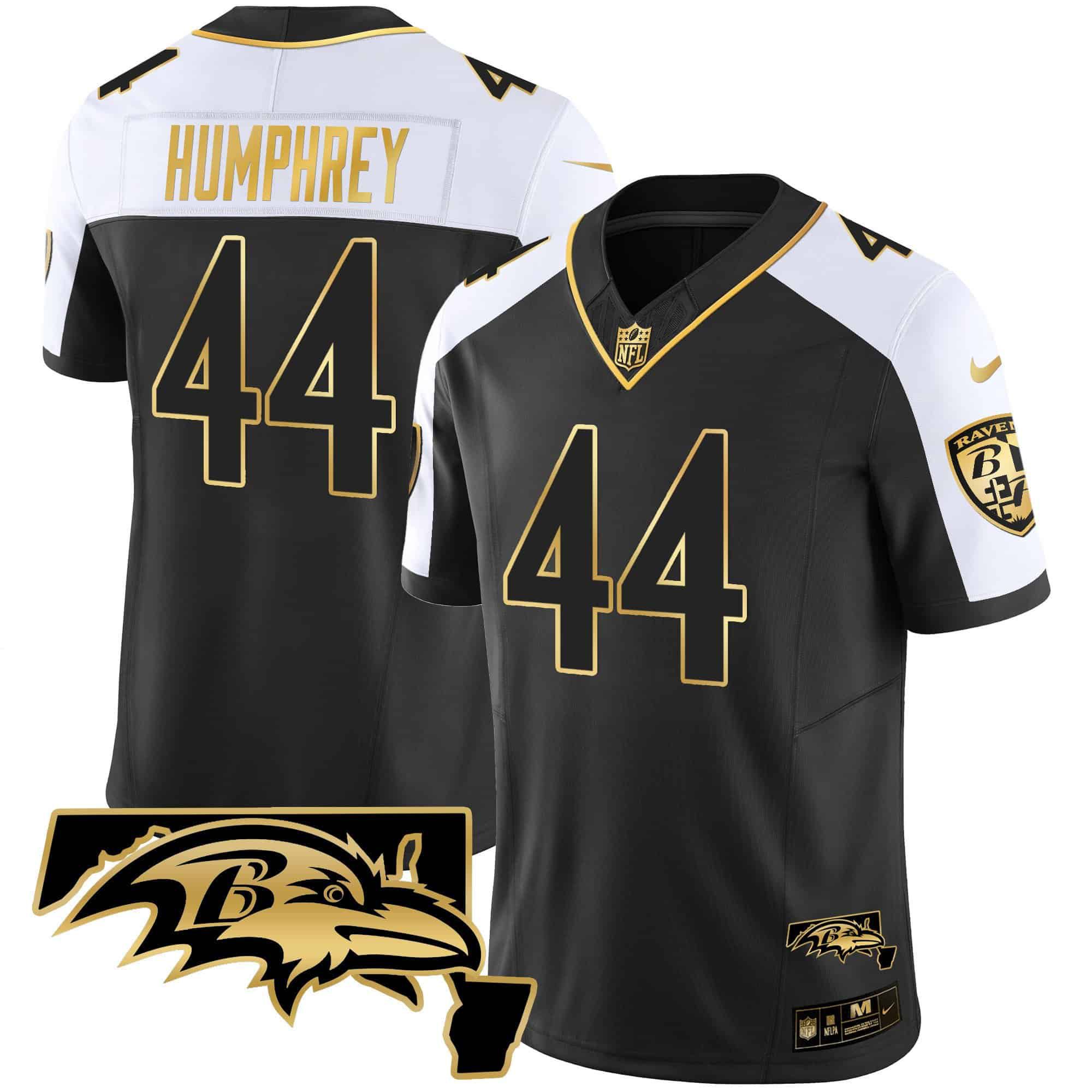 Men Baltimore Ravens #44 Humphrey Black Gold 2024 Nike Maryland Patch Vapor Limited NFL Jersey